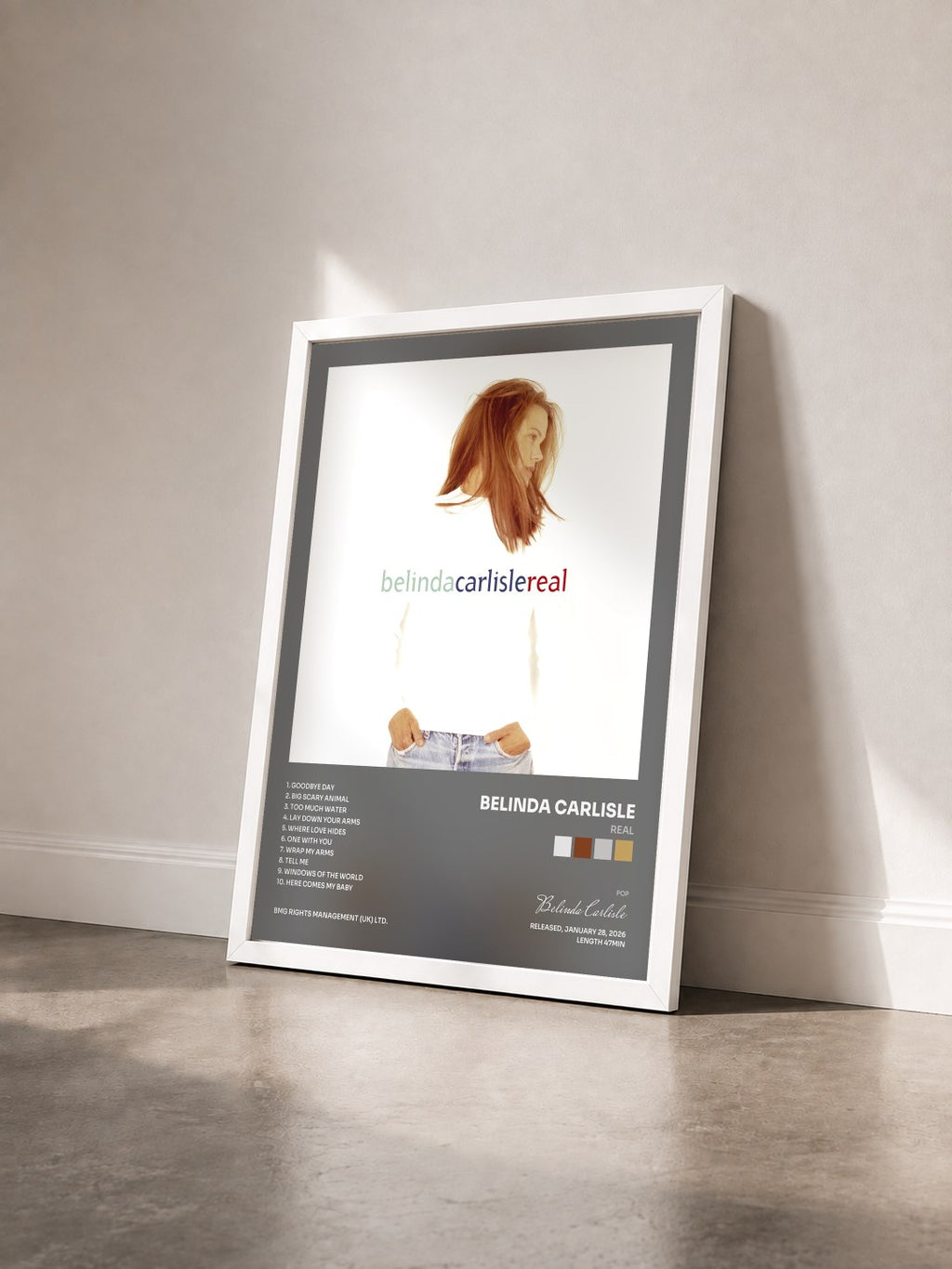 #blanc Tableau de l'album Real de Belinda Carlisle vu de trois quarts, cadre blanc