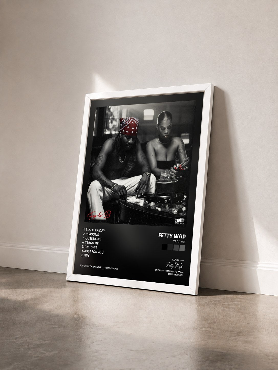 #blanc Tableau de l'album Trap & B de Fetty Wap vu de trois quarts, cadre blanc