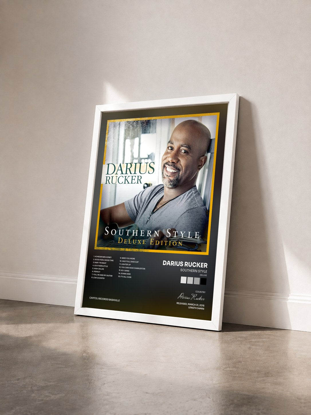#blanc Tableau de l'album Southern Style (Deluxe) de Darius Rucker vu de trois quarts, cadre blanc