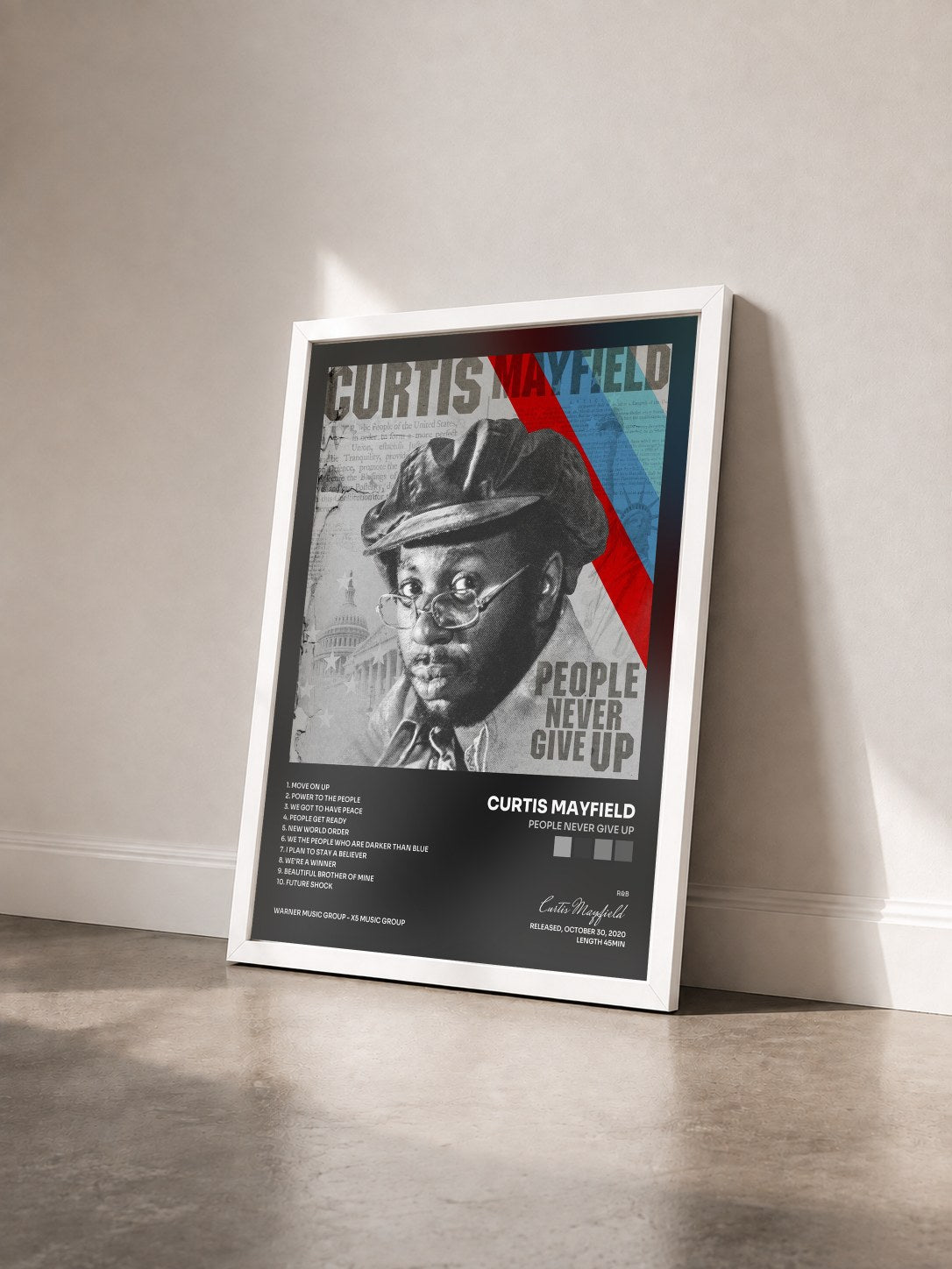 #blanc Tableau de l'album People Never Give Up de Curtis Mayfield vu de trois quarts, cadre blanc