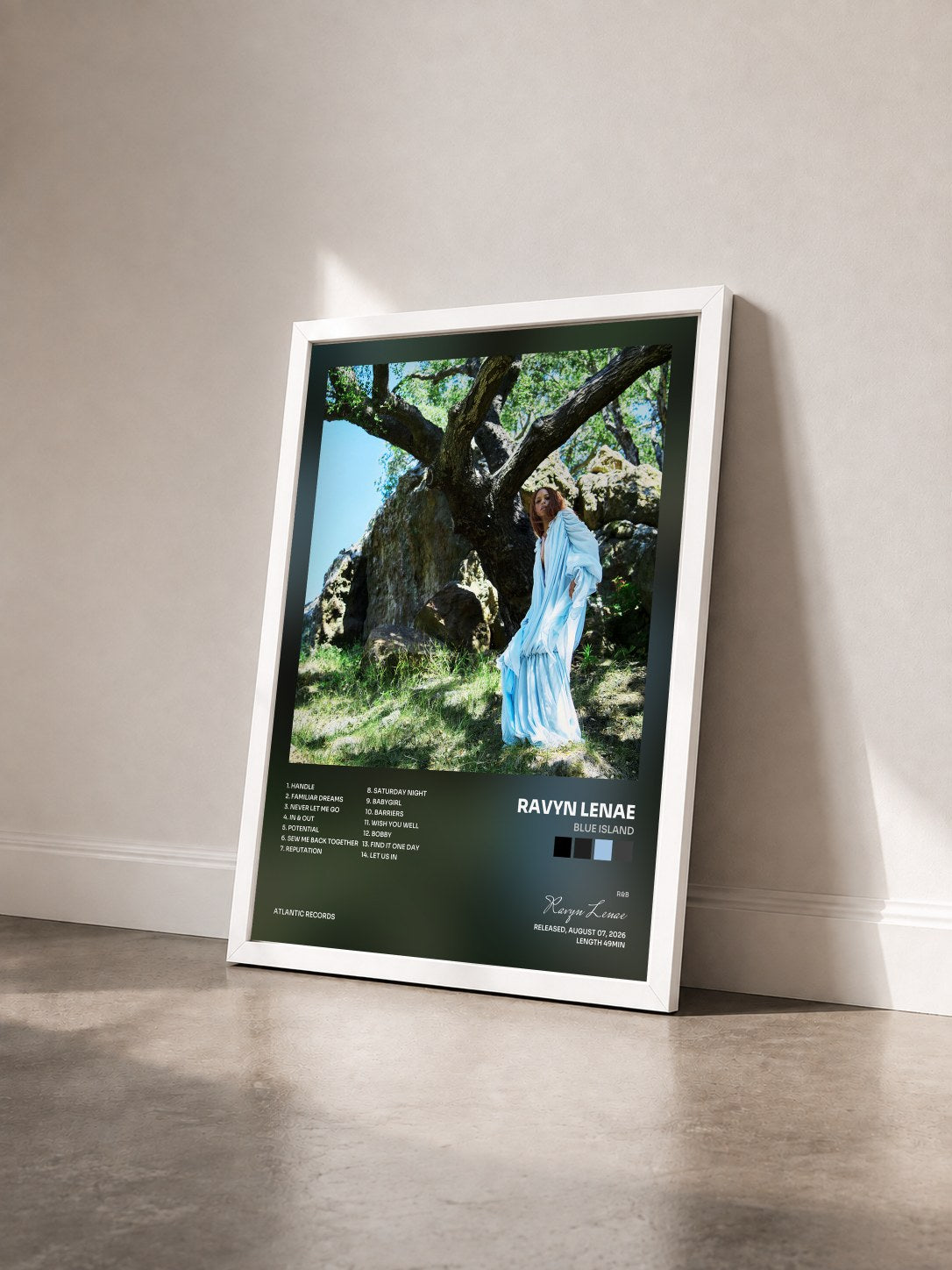 #blanc Tableau de l'album Blue Island de Ravyn Lenae vu de trois quarts, cadre blanc