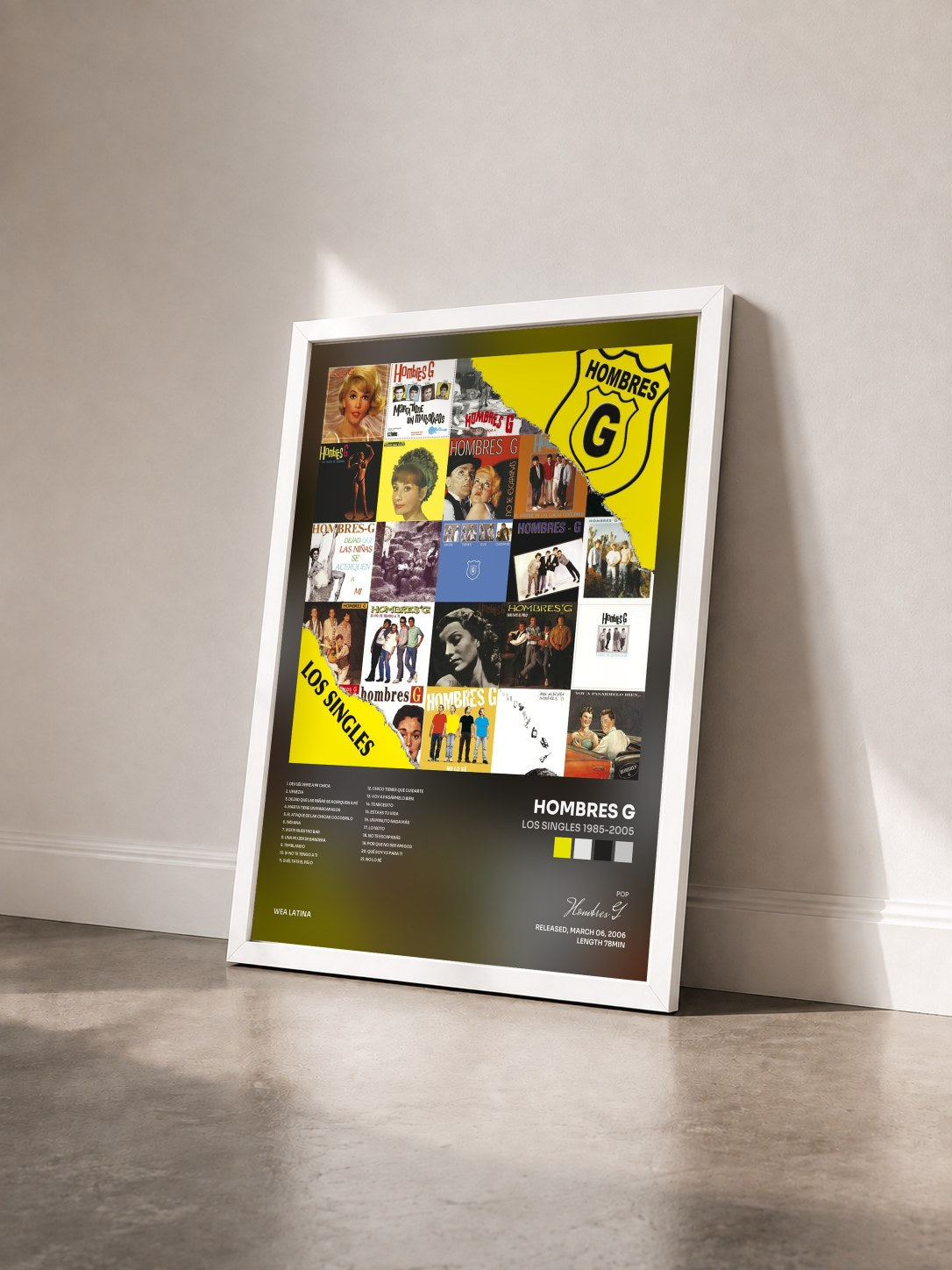 #blanc Tableau de l'album Los Singles 1985-2005 de Hombres G vu de trois quarts, cadre blanc