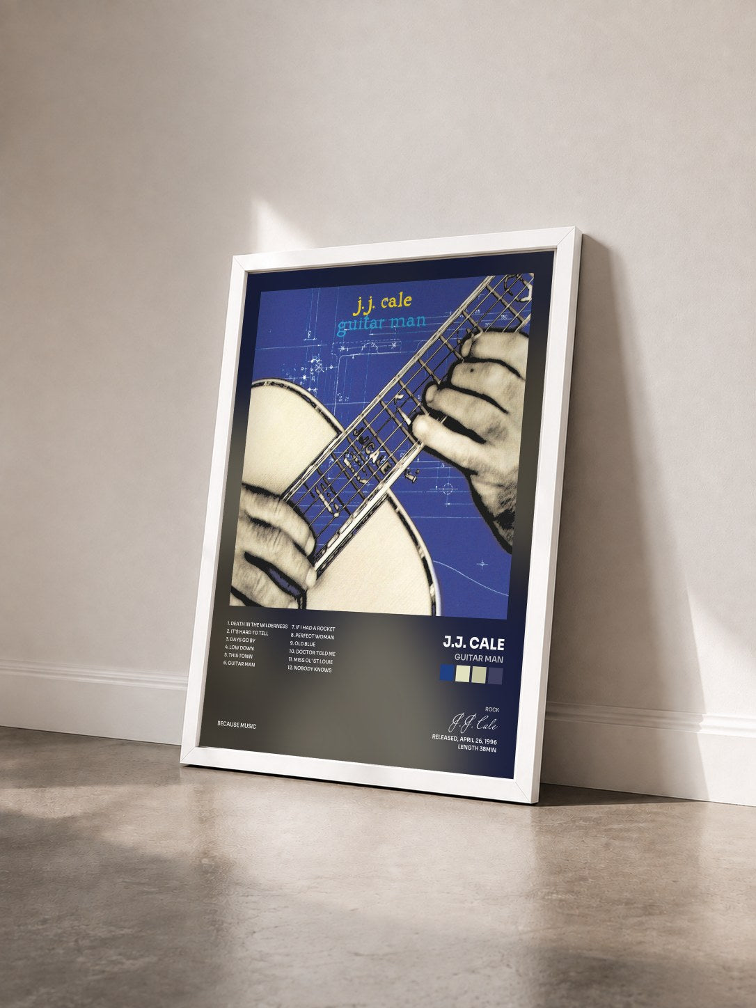 #blanc Tableau de l'album Guitar Man de J.J. Cale vu de trois quarts, cadre blanc