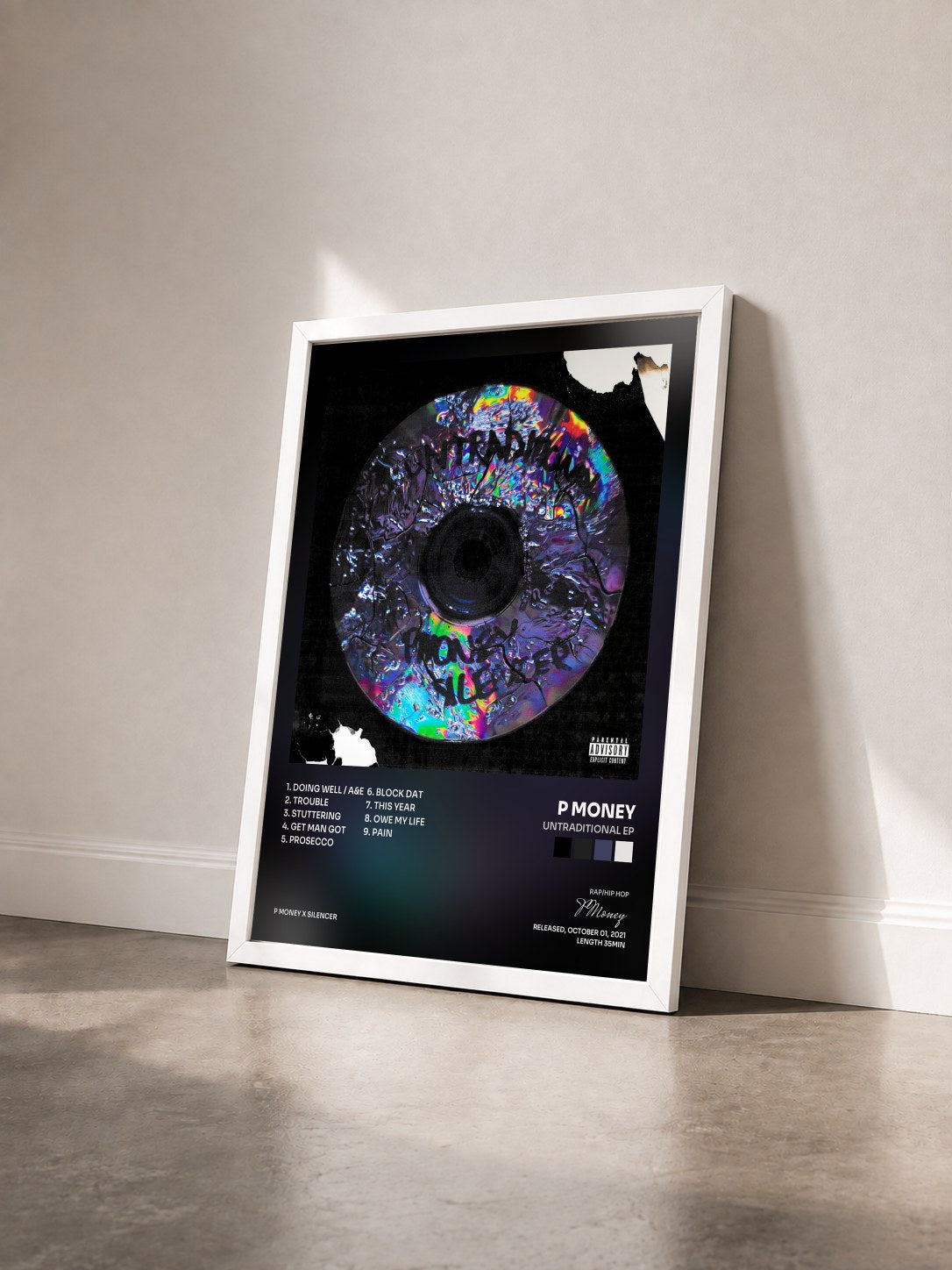 #blanc Tableau de l'album Untraditional EP de P Money vu de trois quarts, cadre blanc