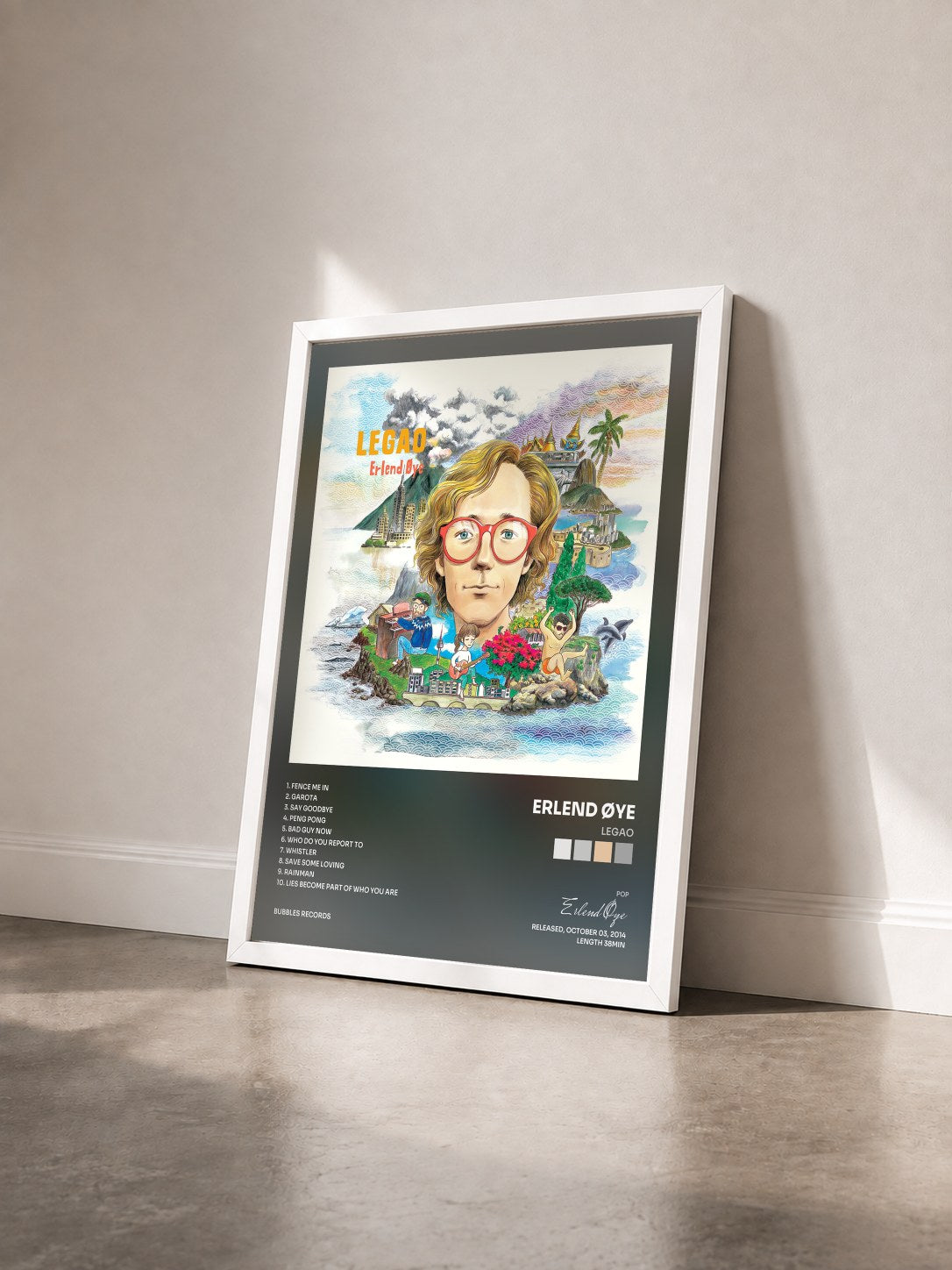 #blanc Tableau de l'album Legao de Erlend Øye vu de trois quarts, cadre blanc