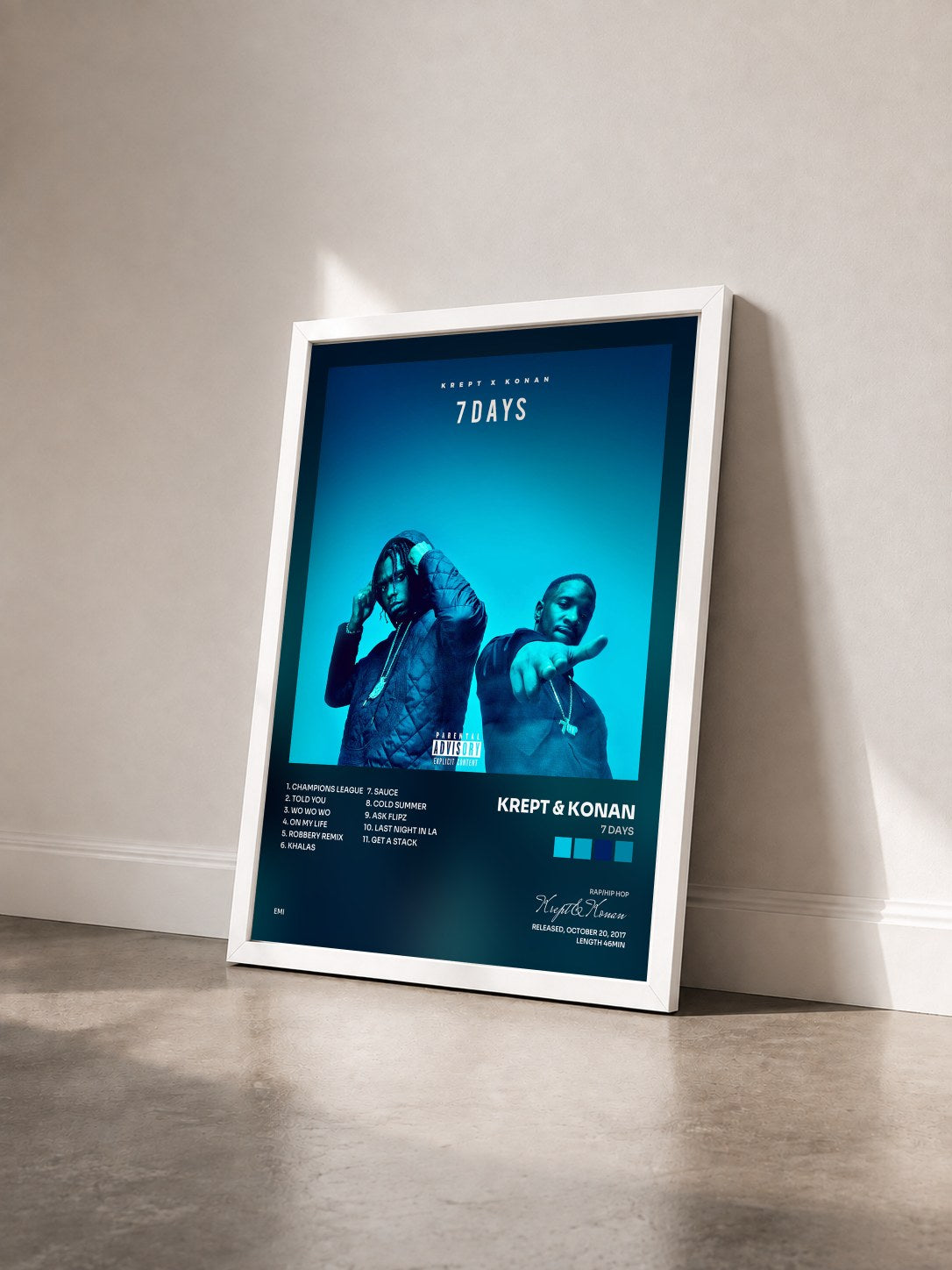 #blanc Tableau de l'album 7 Days de Krept & Konan vu de trois quarts, cadre blanc