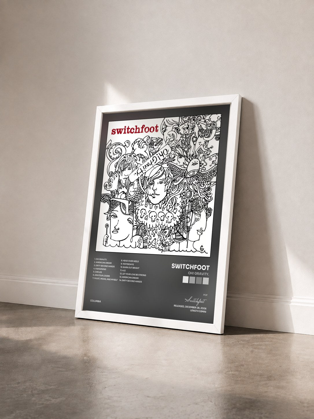 #blanc Tableau de l'album Oh! Gravity. de Switchfoot vu de trois quarts, cadre blanc