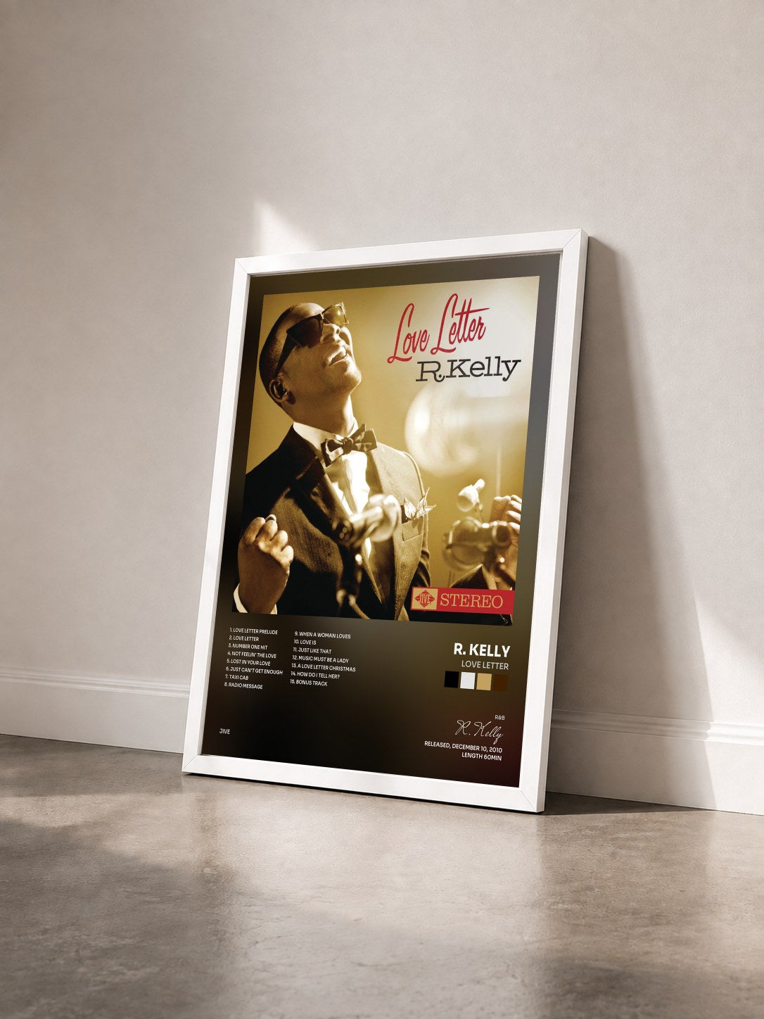 #blanc Tableau de l'album Love Letter de R. Kelly vu de trois quarts, cadre blanc