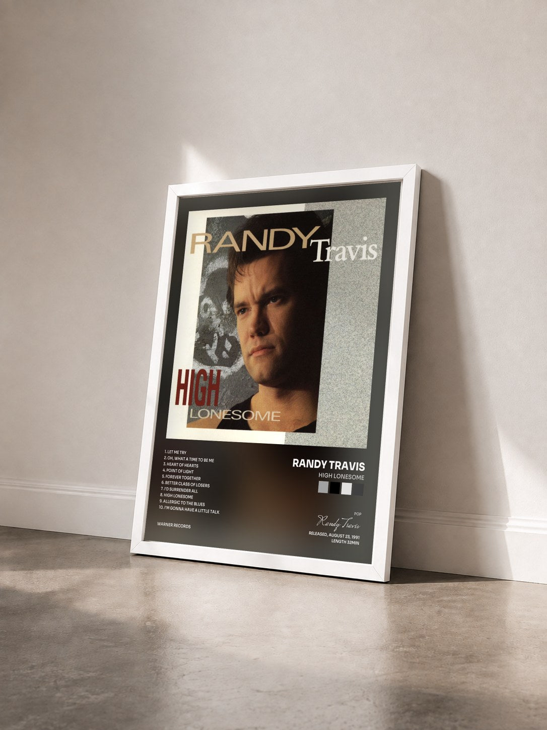 #blanc Tableau de l'album High Lonesome de Randy Travis vu de trois quarts, cadre blanc