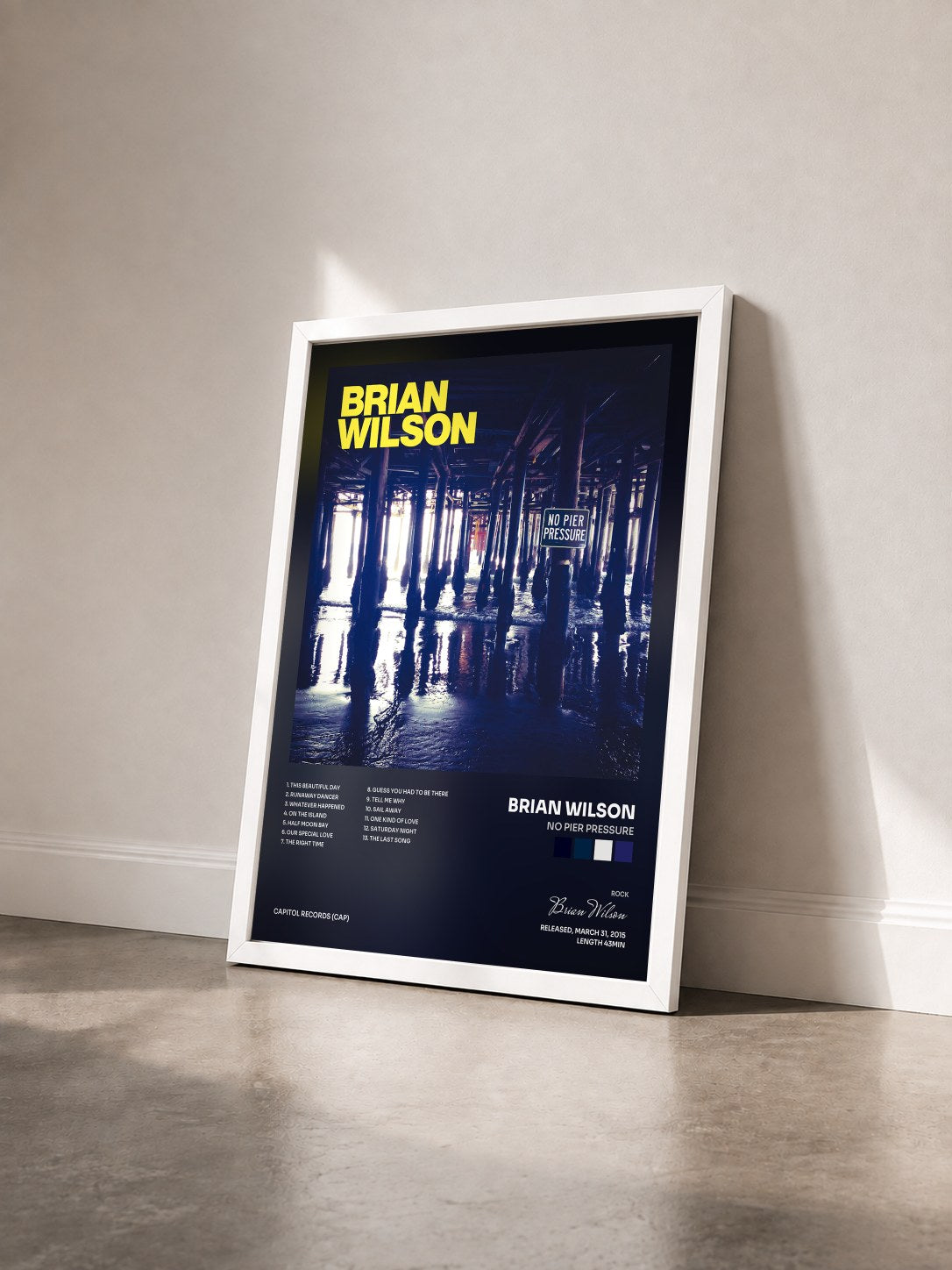 #blanc Tableau de l'album No Pier Pressure de Brian Wilson vu de trois quarts, cadre blanc
