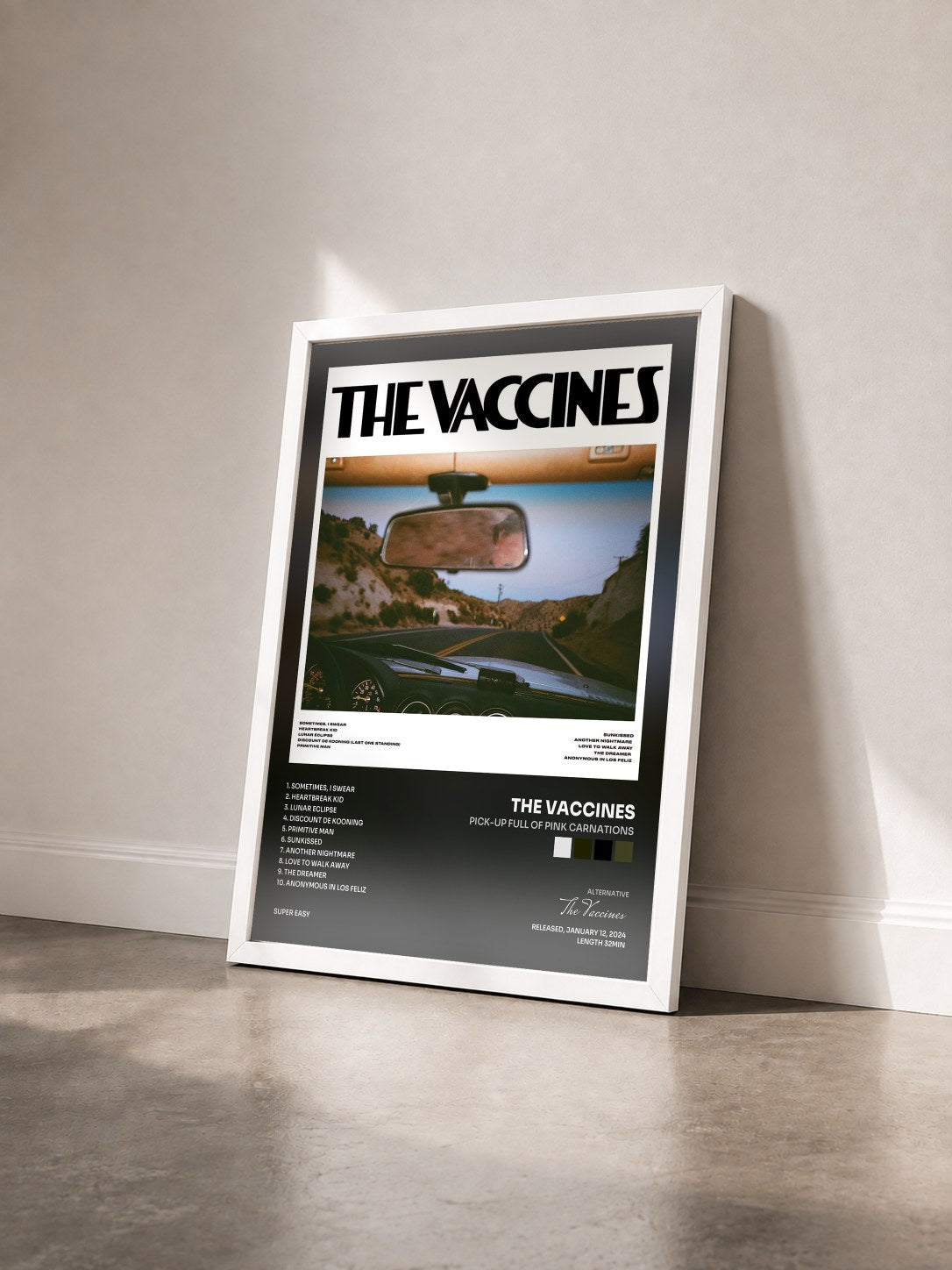#blanc Tableau de l'album Pick-Up Full Of Pink Carnations de The Vaccines vu de trois quarts, cadre blanc