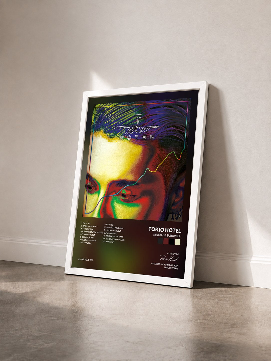 #blanc Tableau de l'album Kings Of Suburbia de Tokio Hotel vu de trois quarts, cadre blanc