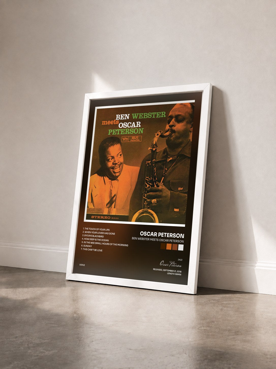 #blanc Tableau de l'album Ben Webster Meets Oscar Peterson de Oscar Peterson vu de trois quarts, cadre blanc