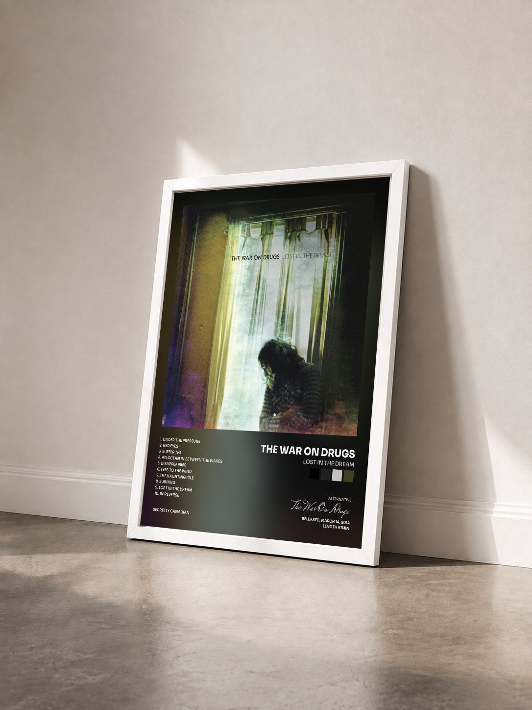 #blanc Tableau de l'album Lost In The Dream de The War On Drugs vu de trois quarts, cadre blanc
