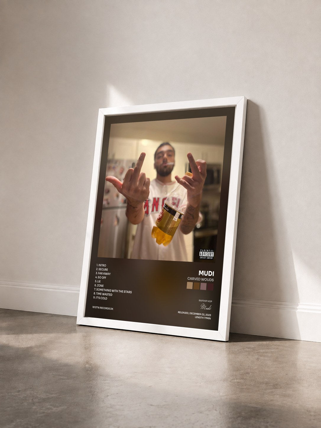 #blanc Tableau de l'album Carved Wouds de Mudi vu de trois quarts, cadre blanc
