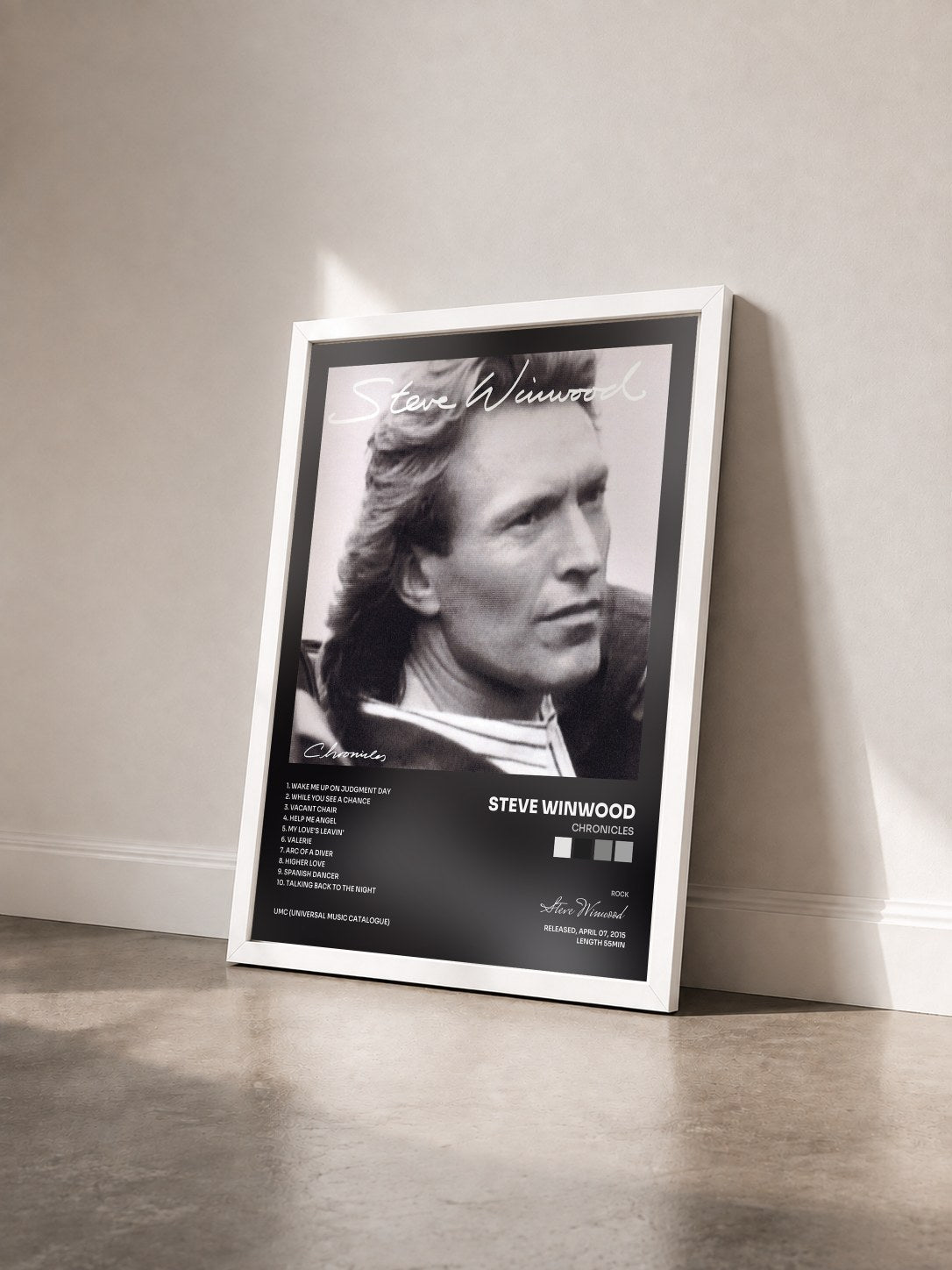 #blanc Tableau de l'album Chronicles de Steve Winwood vu de trois quarts, cadre blanc