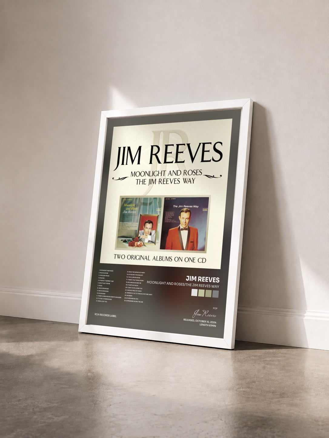 #blanc Tableau de l'album Moonlight and Roses/The Jim Reeves Way de Jim Reeves vu de trois quarts, cadre blanc