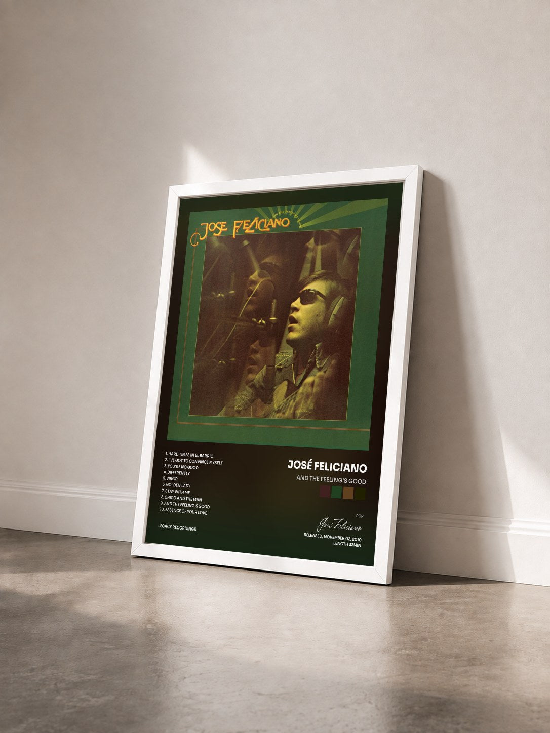 #blanc Tableau de l'album And The Feeling's Good de José Feliciano vu de trois quarts, cadre blanc