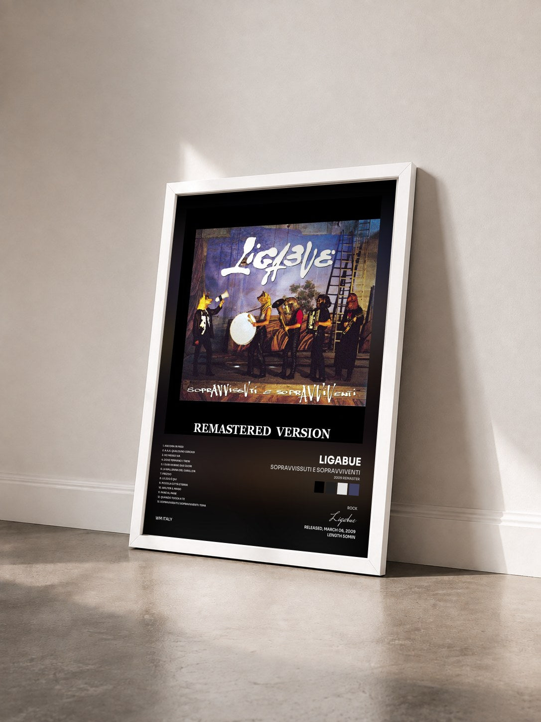 #blanc Tableau de l'album Sopravvissuti e sopravviventi (2009 Remaster) de Ligabue vu de trois quarts, cadre blanc