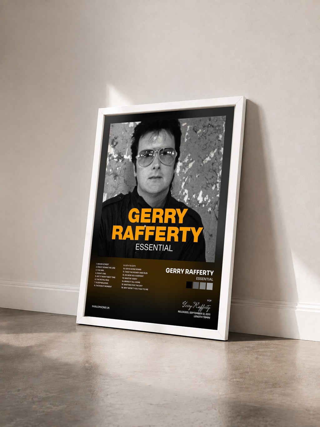 #blanc Essential by Gerry Rafferty as a framed art print seen at an angle, white frame