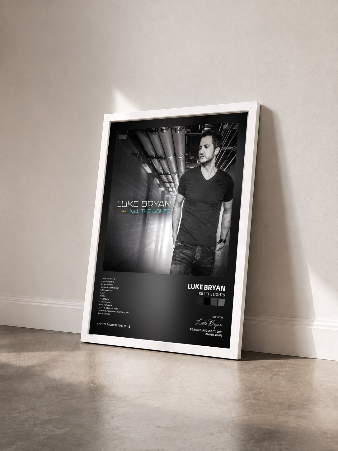 #blanc Tableau de l'album Kill The Lights de Luke Bryan vu de trois quarts, cadre blanc