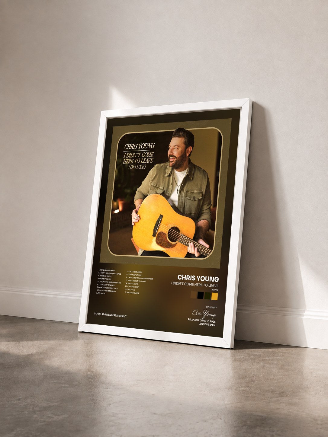 #blanc Tableau de l'album I Didn't Come Here To Leave (Deluxe) de Chris Young vu de trois quarts, cadre blanc