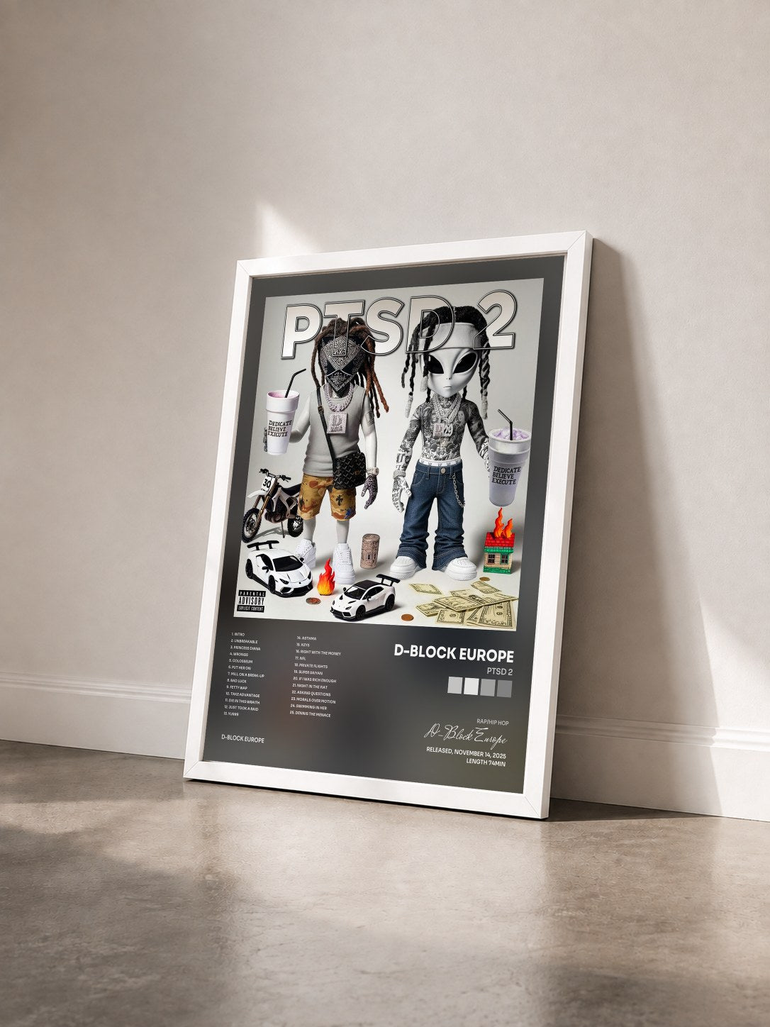 #blanc Tableau de l'album PTSD 2 de D-Block Europe vu de trois quarts, cadre blanc