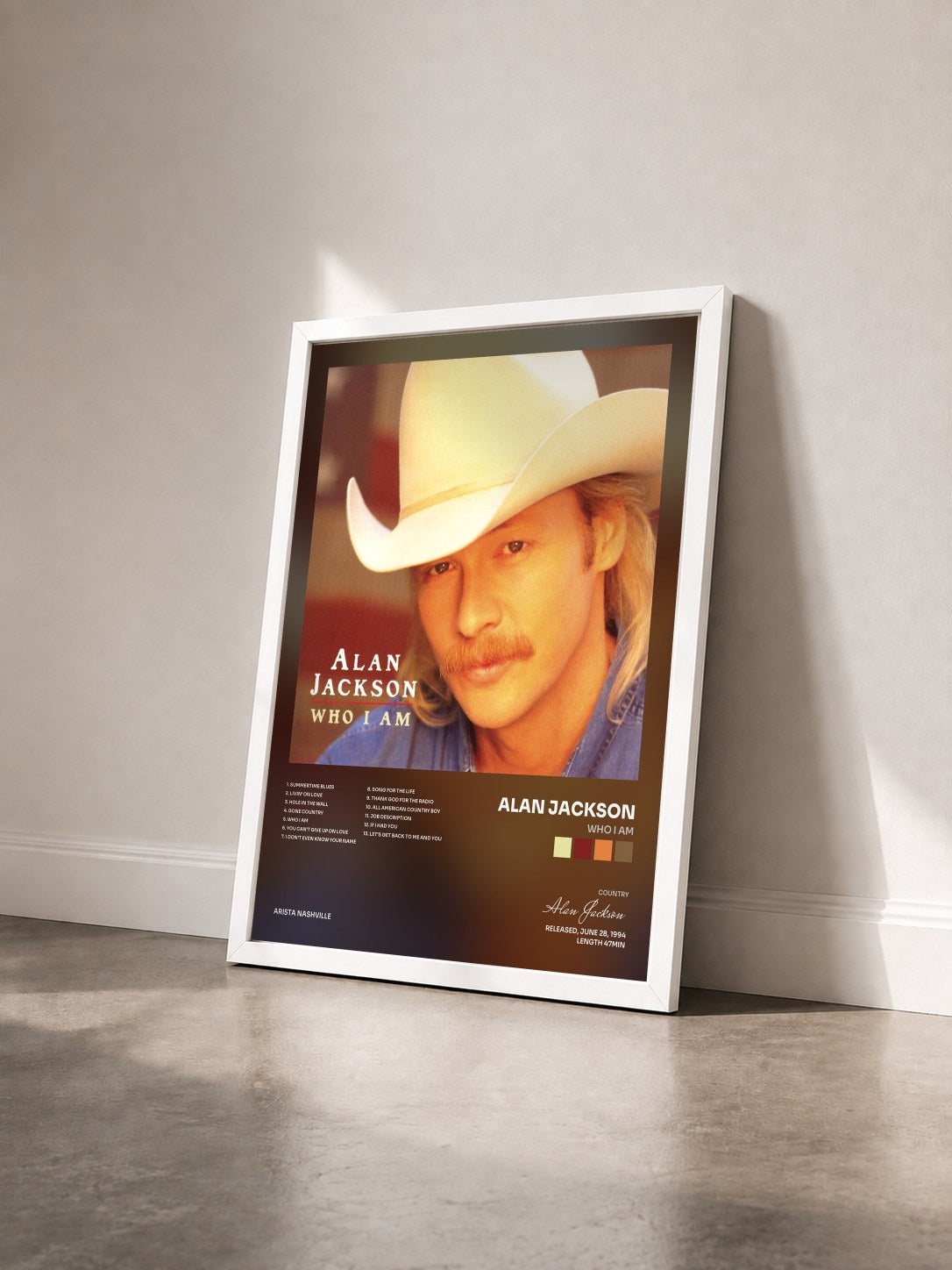 #blanc Tableau de l'album Who I Am de Alan Jackson vu de trois quarts, cadre blanc