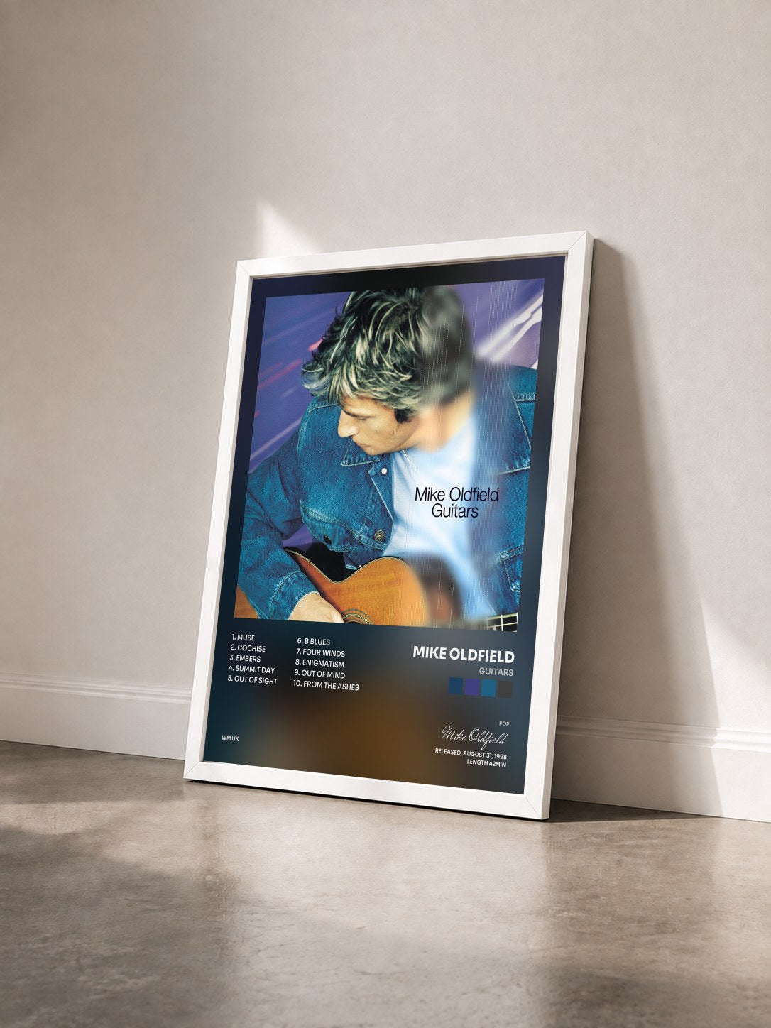 #blanc Tableau de l'album Guitars de Mike Oldfield vu de trois quarts, cadre blanc