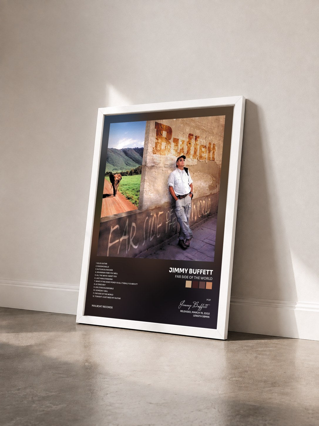 #blanc Tableau de l'album Far Side of the World de Jimmy Buffett vu de trois quarts, cadre blanc