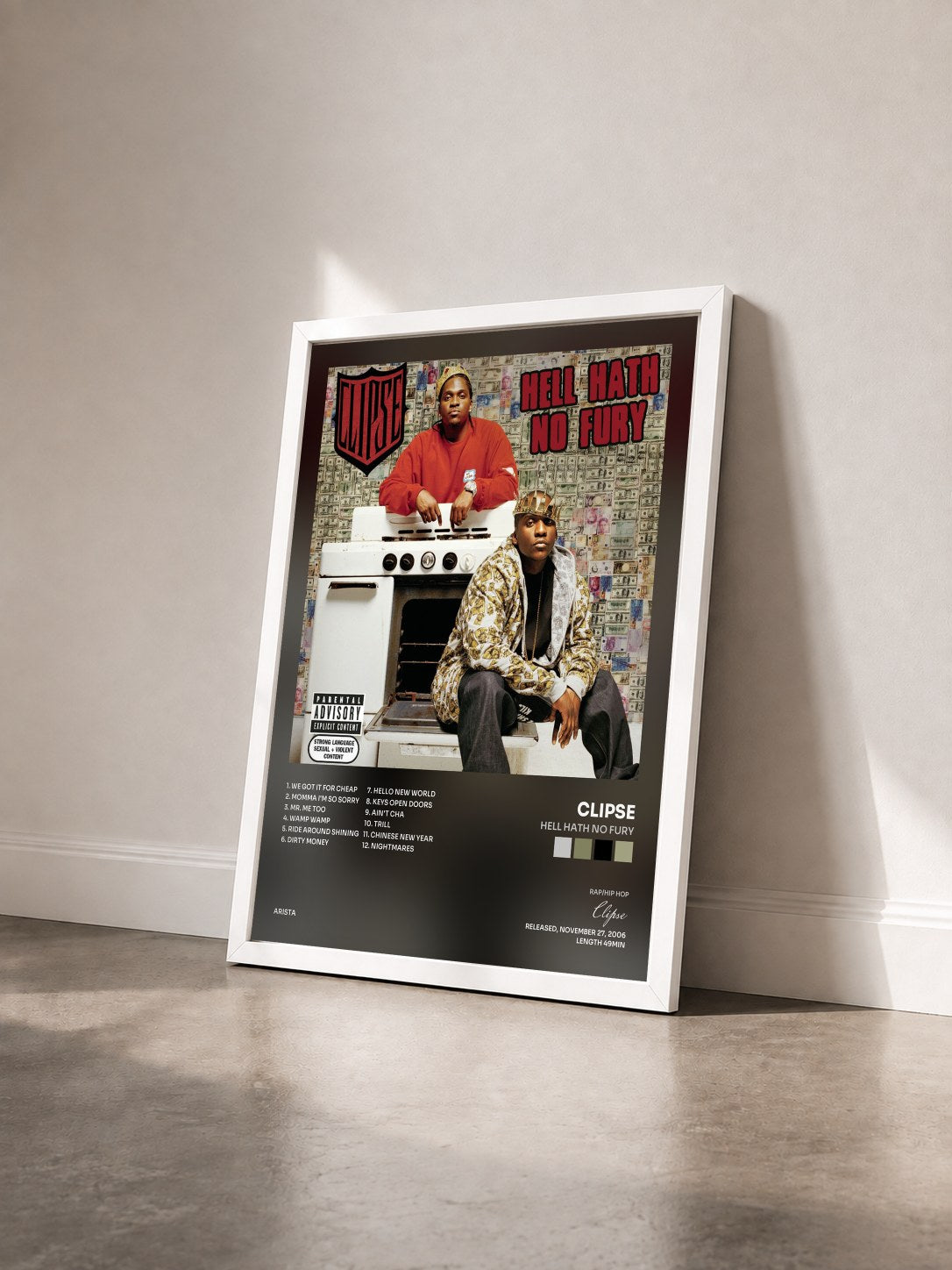 #blanc Tableau de l'album Hell Hath No Fury de Clipse vu de trois quarts, cadre blanc