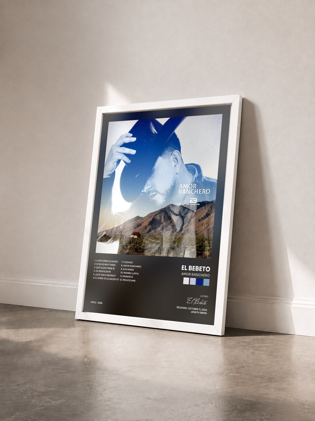 #blanc Tableau de l'album Amor Ranchero de El Bebeto vu de trois quarts, cadre blanc