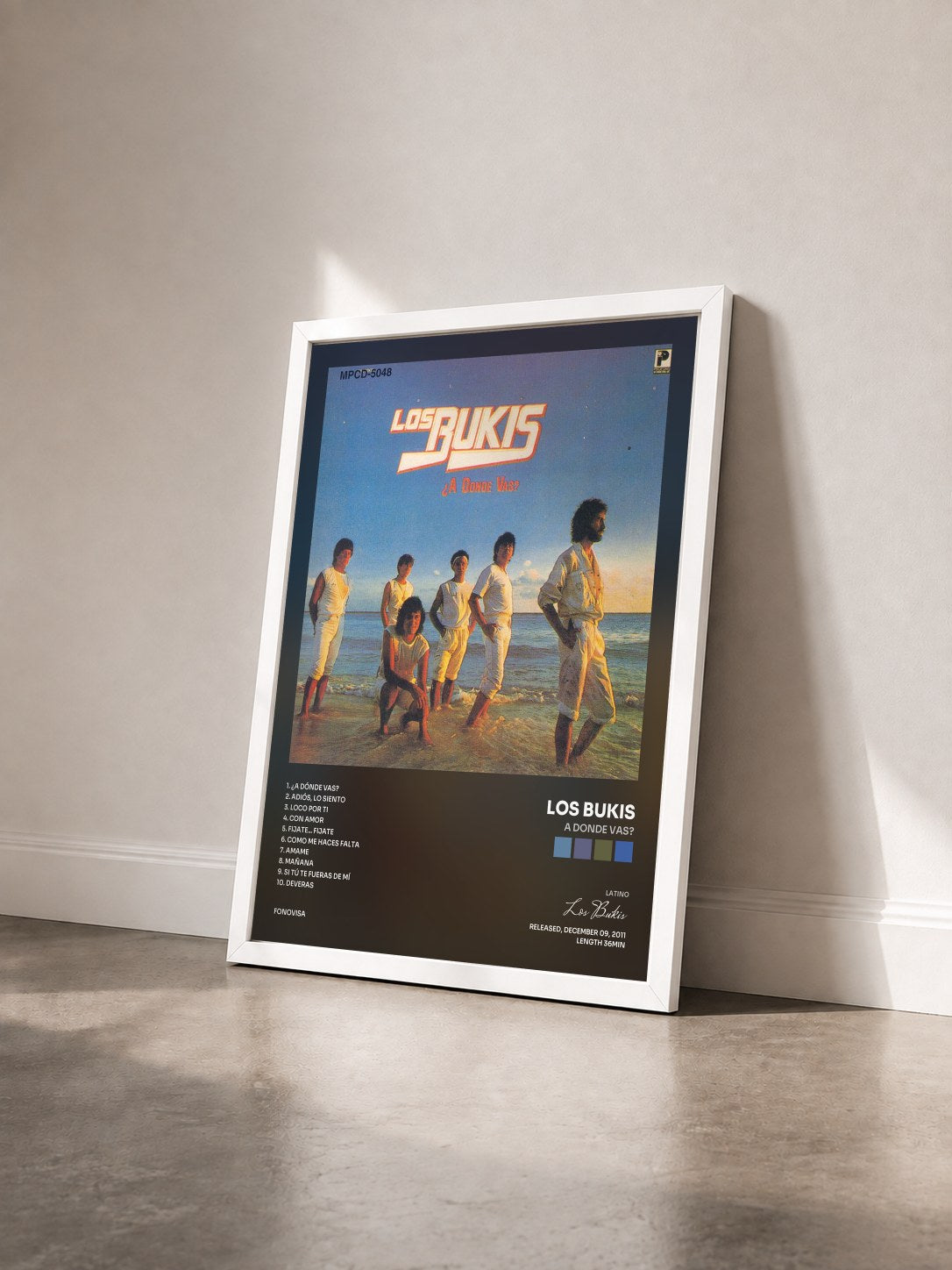 #blanc Tableau de l'album A Donde Vas? de Los Bukis vu de trois quarts, cadre blanc