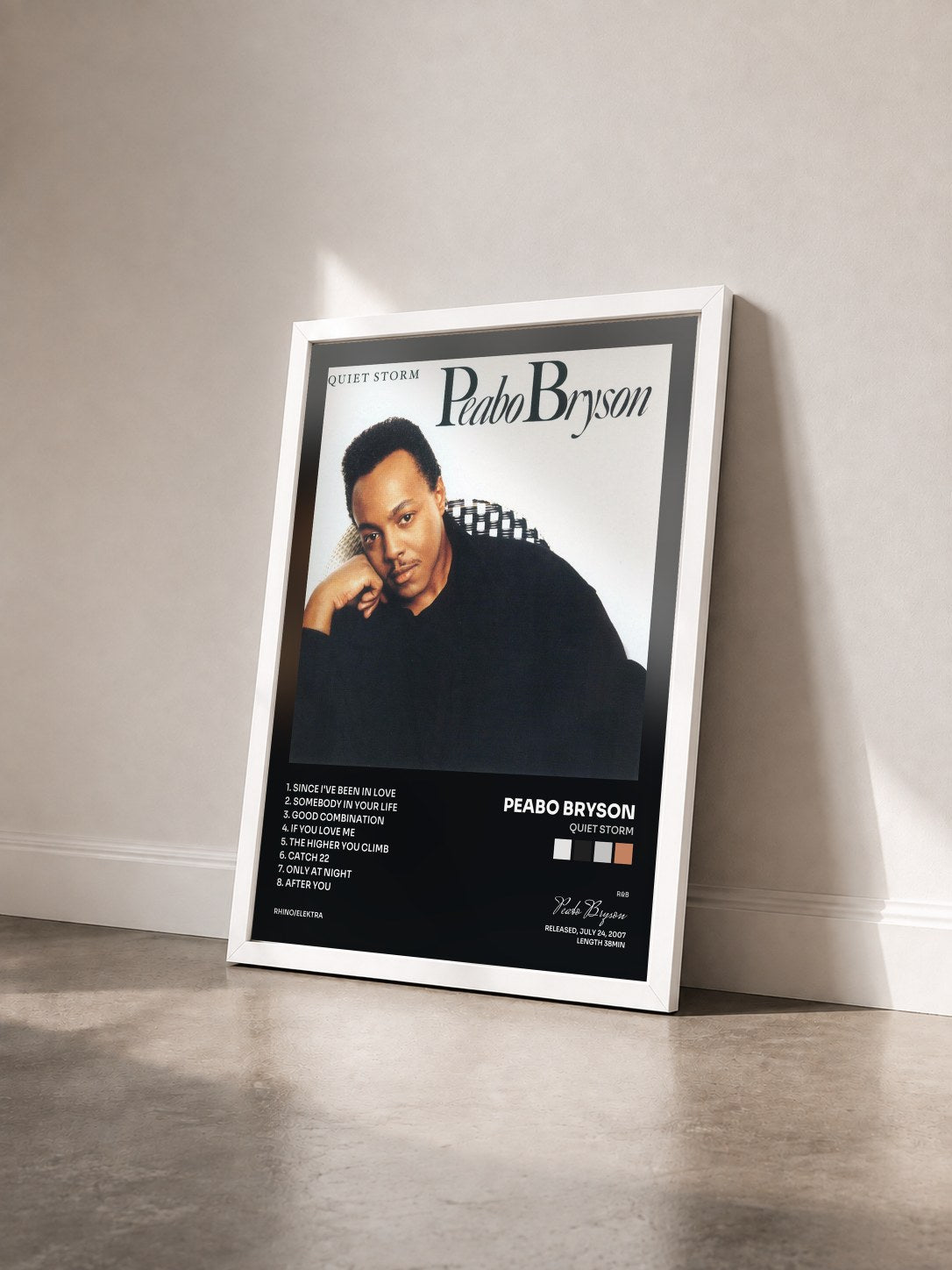 #blanc Tableau de l'album Quiet Storm de Peabo Bryson vu de trois quarts, cadre blanc