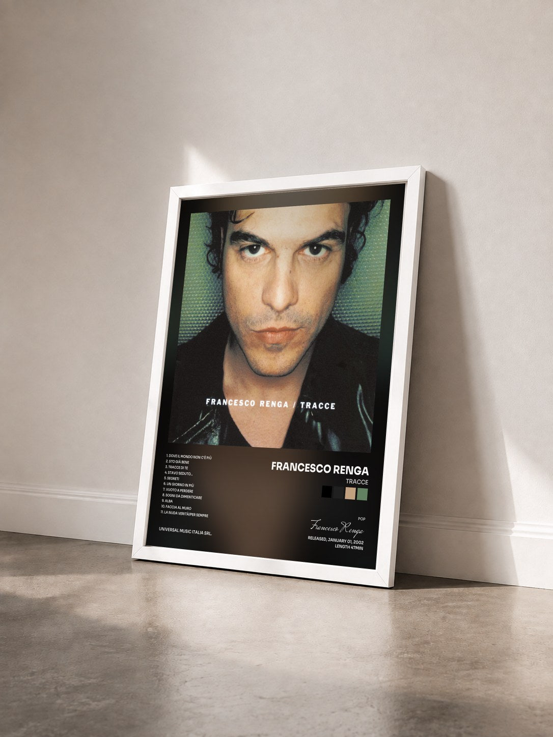 #blanc Tableau de l'album Tracce de Francesco Renga vu de trois quarts, cadre blanc