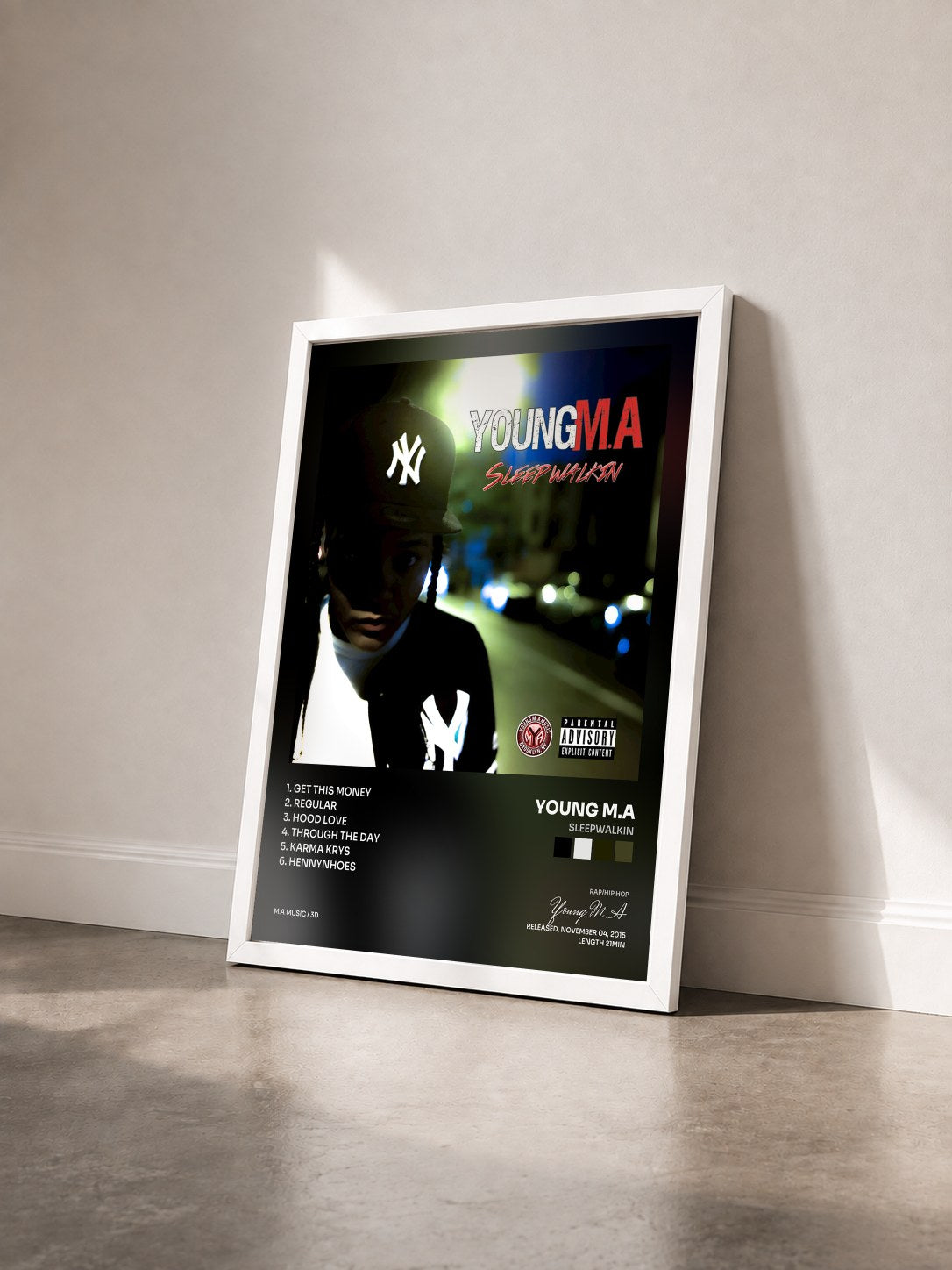 #blanc Tableau de l'album SleepWalkin de Young M.A vu de trois quarts, cadre blanc