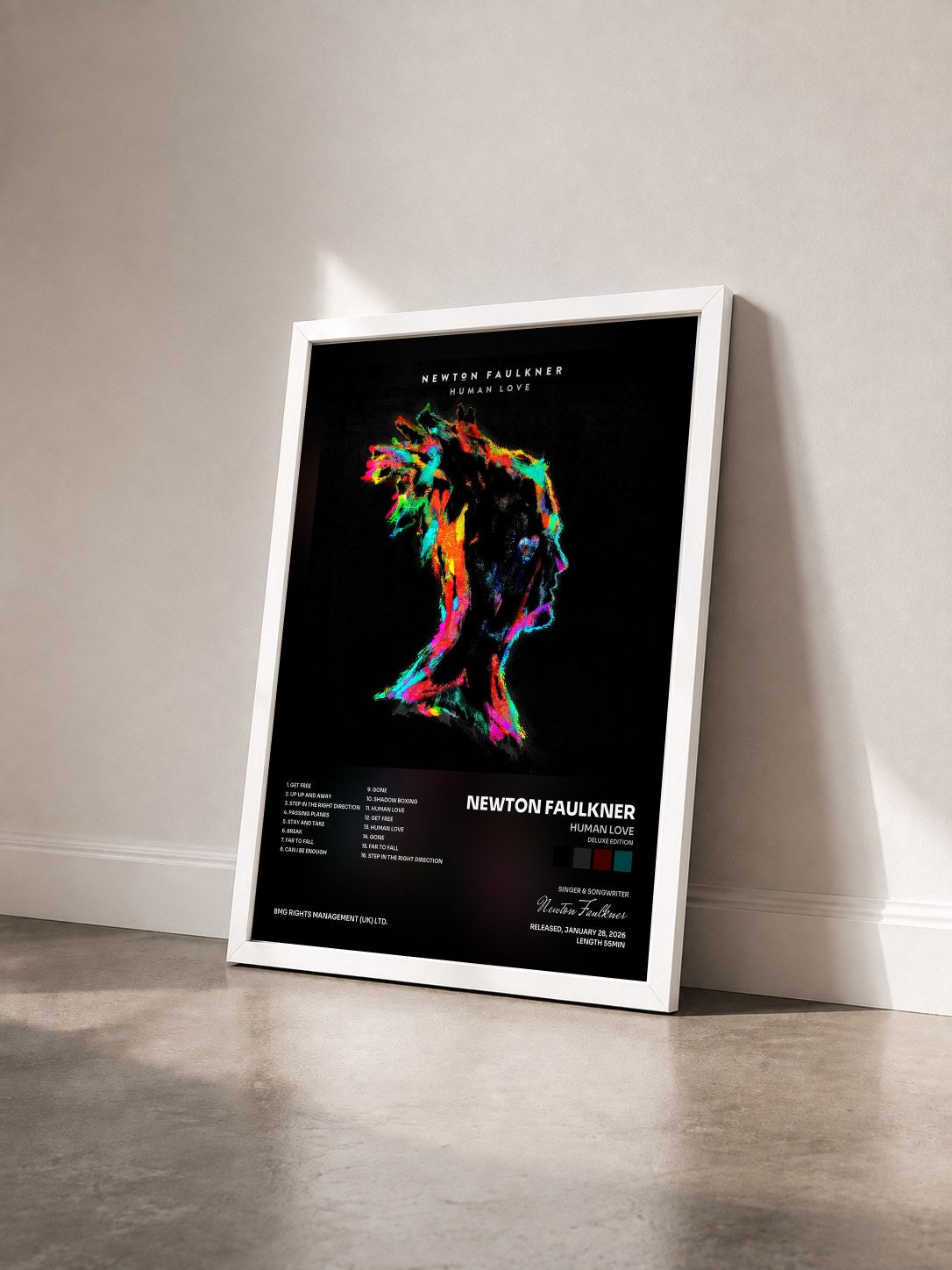 #blanc Tableau de l'album Human Love (Deluxe Edition) de Newton Faulkner vu de trois quarts, cadre blanc