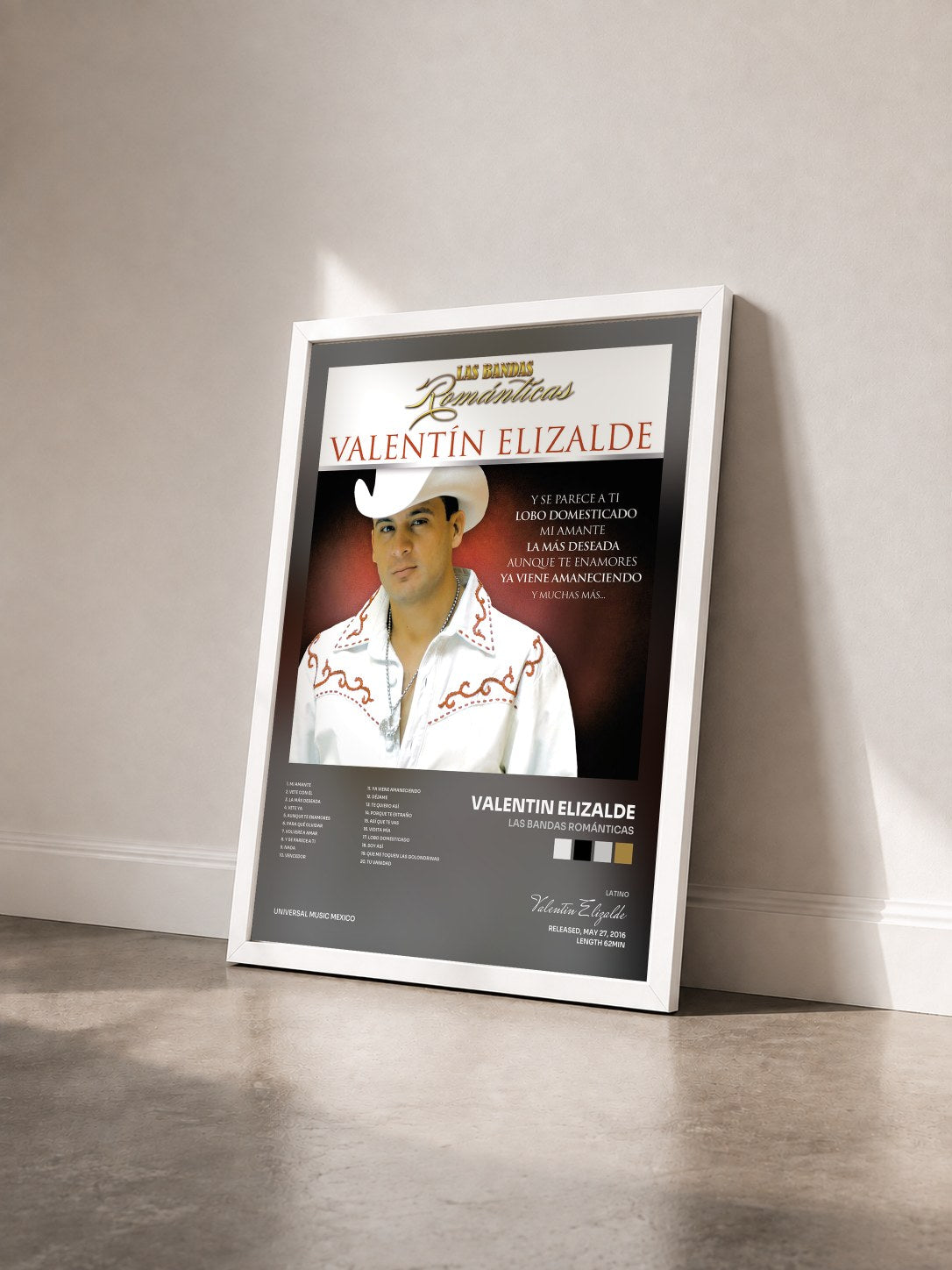 #blanc Tableau de l'album Las Bandas Románticas de Valentin Elizalde vu de trois quarts, cadre blanc