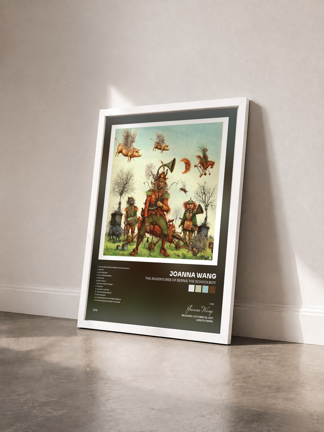 #blanc Tableau de l'album The Adventures of Bernie the Schoolboy de Joanna Wang vu de trois quarts, cadre blanc