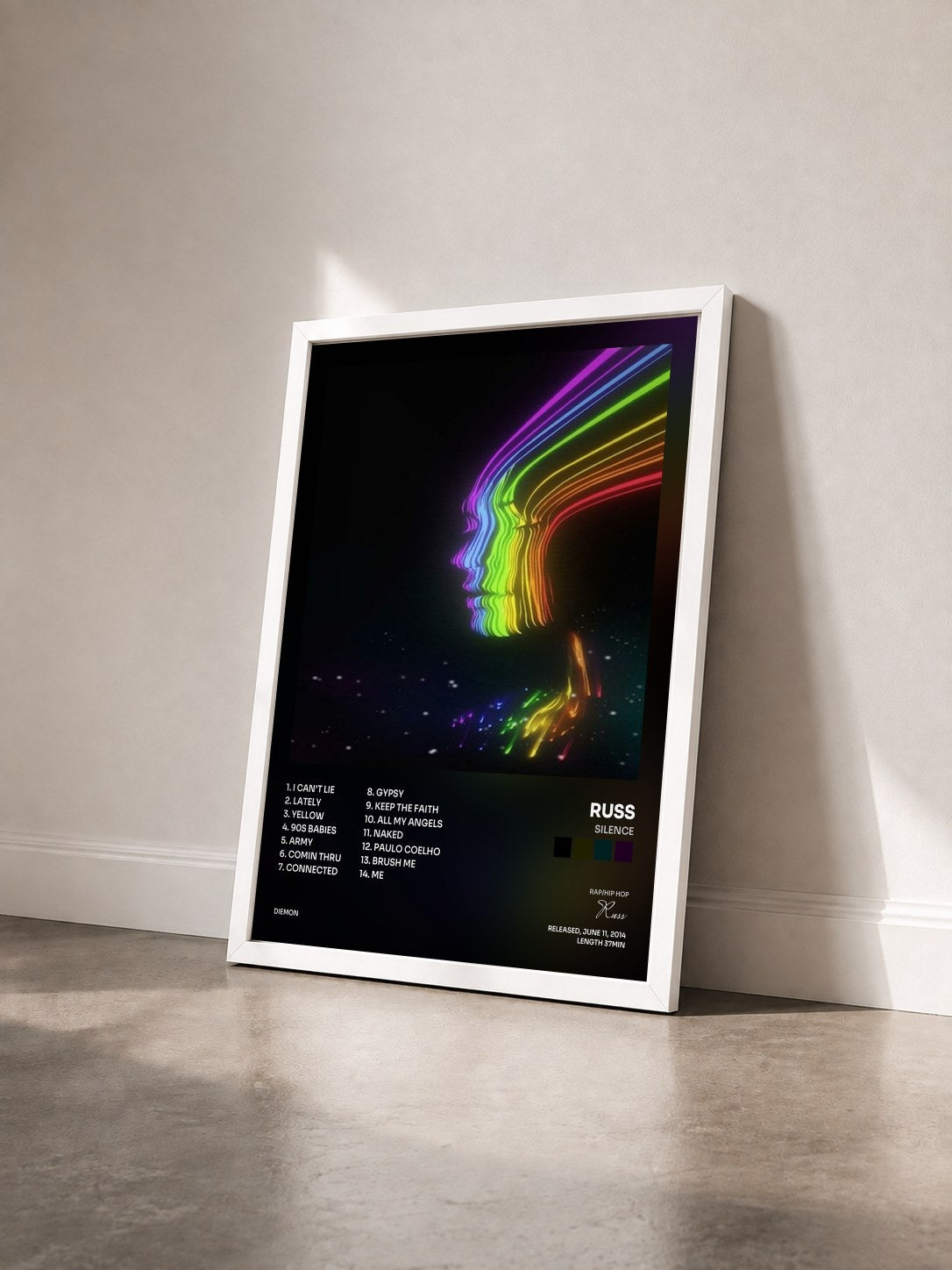#blanc Tableau de l'album Silence de Russ vu de trois quarts, cadre blanc