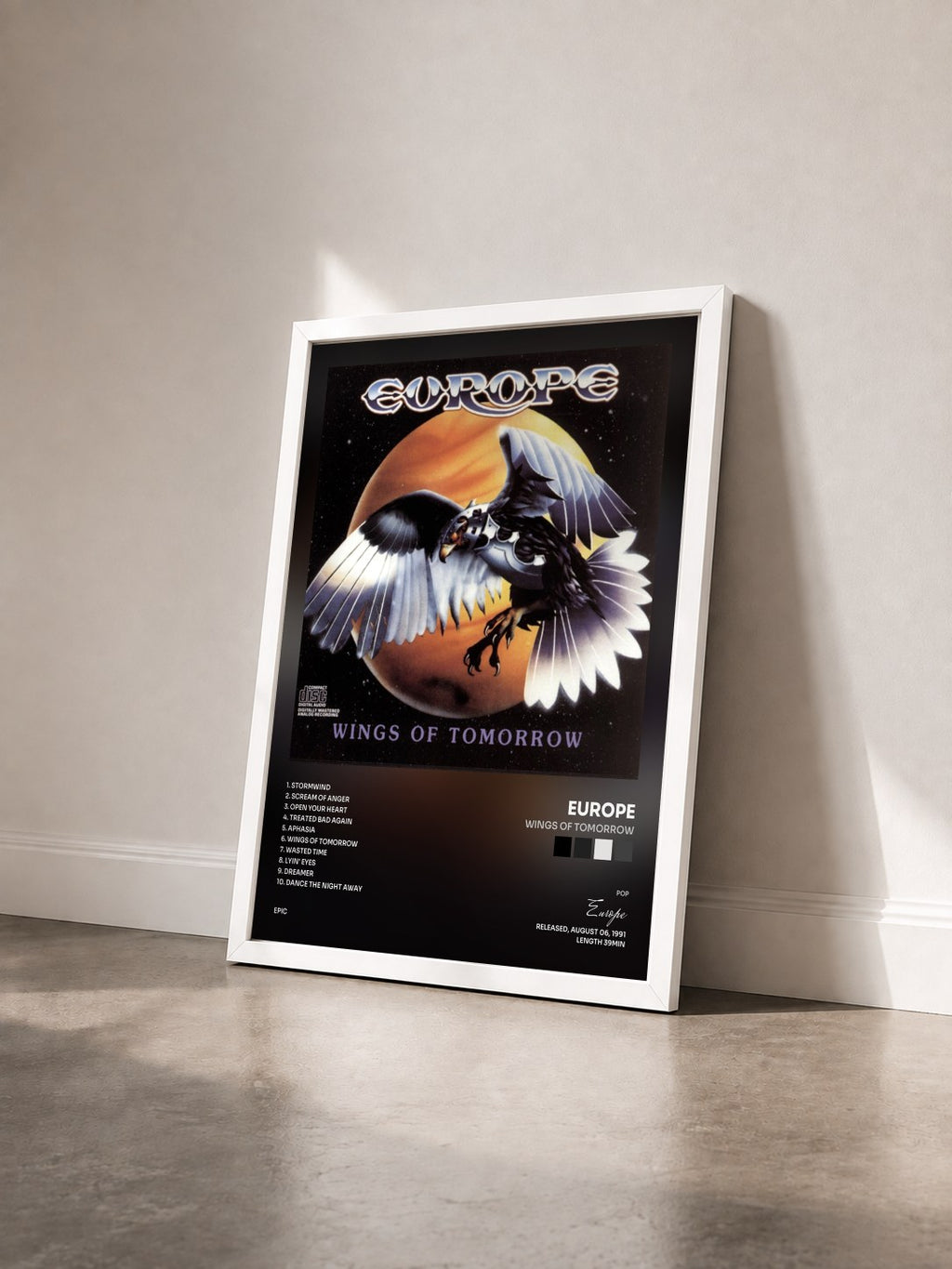 #blanc Tableau de l'album Wings Of Tomorrow de Europe vu de trois quarts, cadre blanc