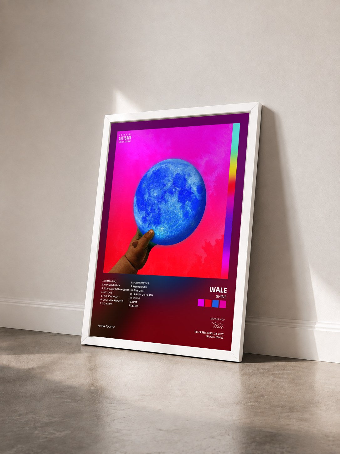 #blanc Tableau de l'album Shine de Wale vu de trois quarts, cadre blanc