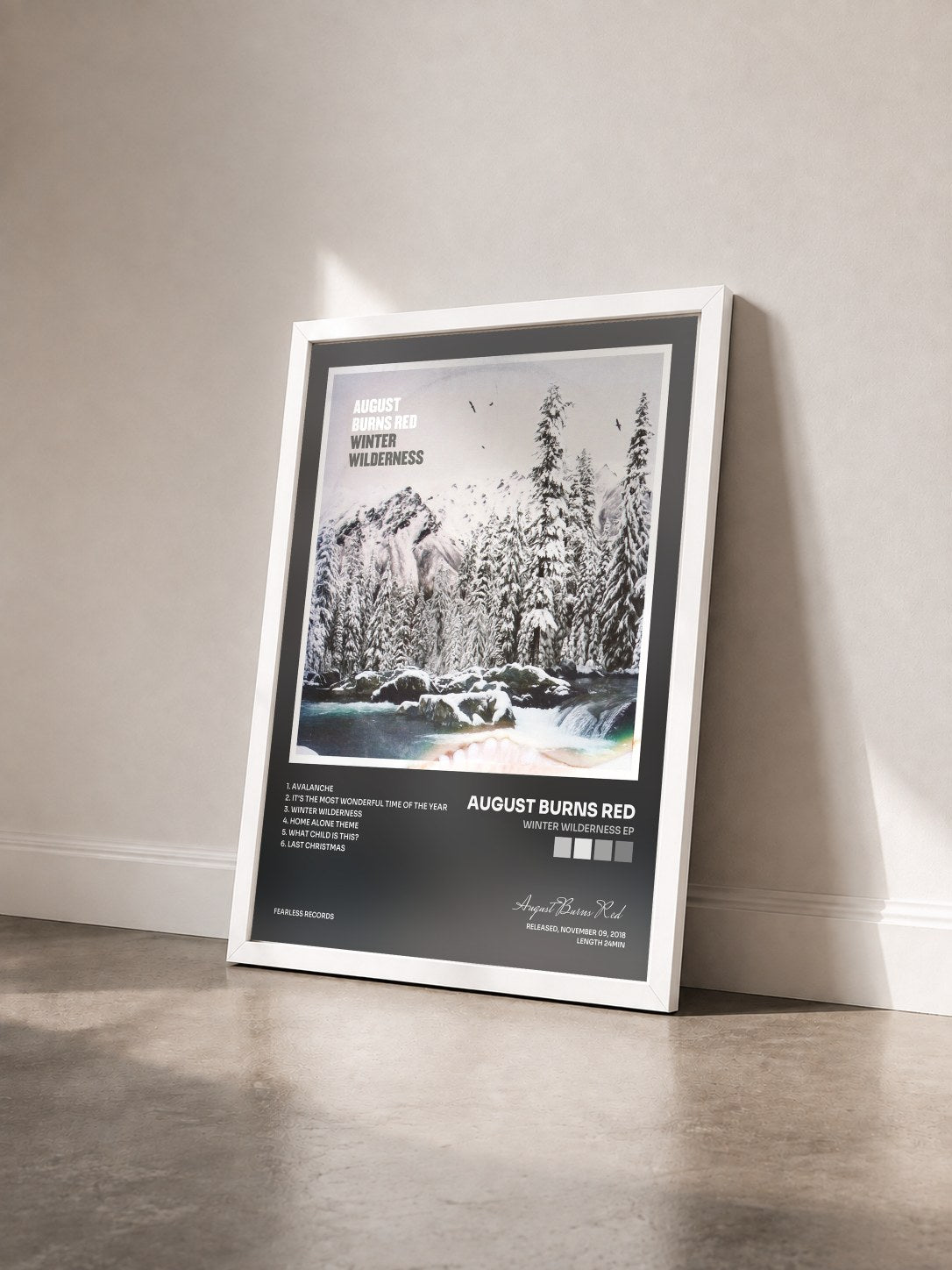 #blanc Tableau de l'album Winter Wilderness EP de August Burns Red vu de trois quarts, cadre blanc