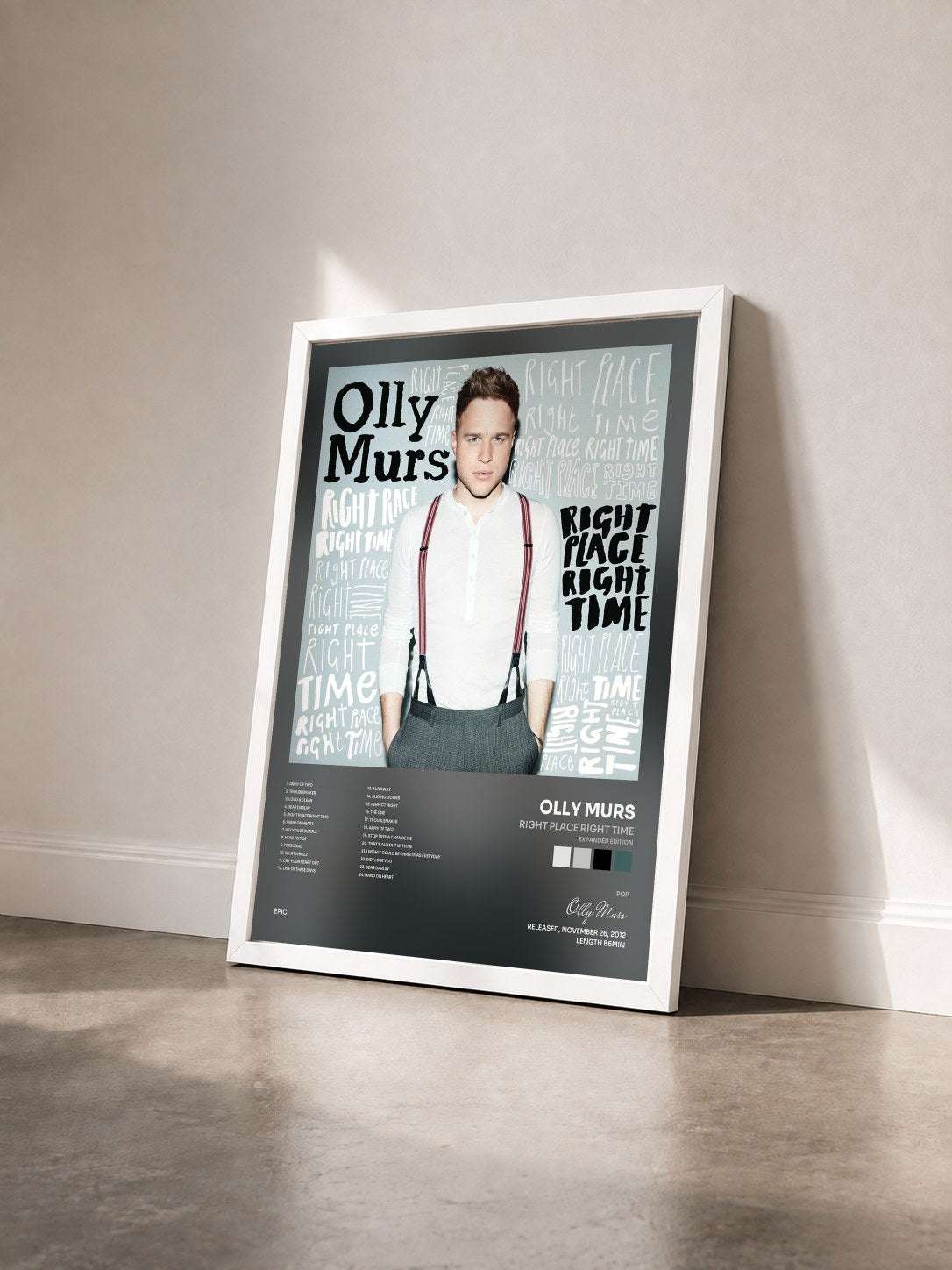#blanc Tableau de l'album Right Place Right Time (Expanded Edition) de Olly Murs vu de trois quarts, cadre blanc