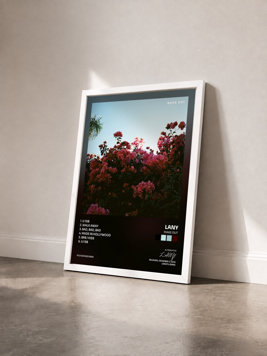 #blanc Tableau de l'album Make Out de LANY vu de trois quarts, cadre blanc