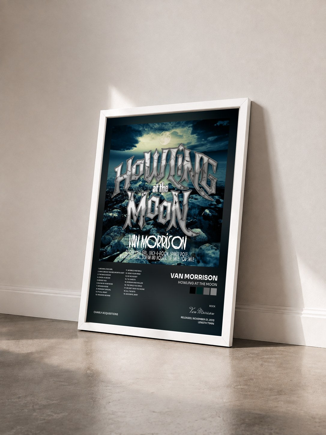 #blanc Tableau de l'album Howling at the Moon de Van Morrison vu de trois quarts, cadre blanc