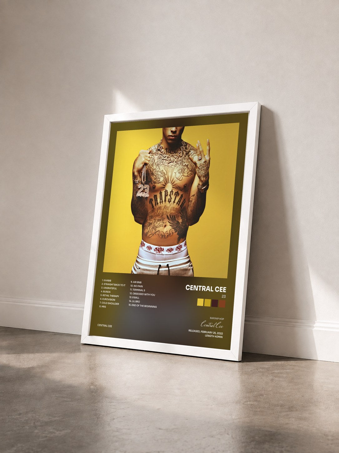 #blanc Tableau de l'album 23 de Central Cee vu de trois quarts, cadre blanc
