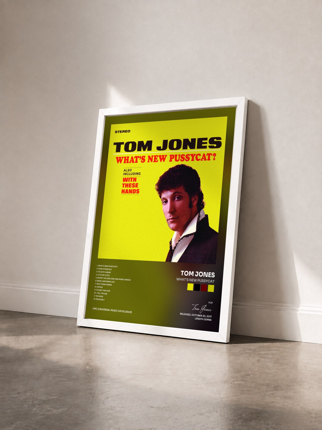 #blanc Tableau de l'album What's New Pussycat de Tom Jones vu de trois quarts, cadre blanc