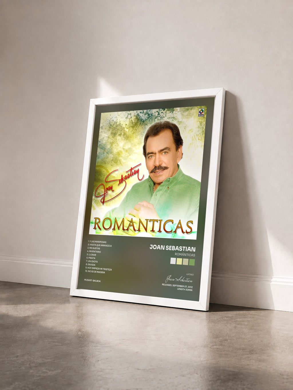 #blanc Tableau de l'album Románticas de Joan Sebastian vu de trois quarts, cadre blanc