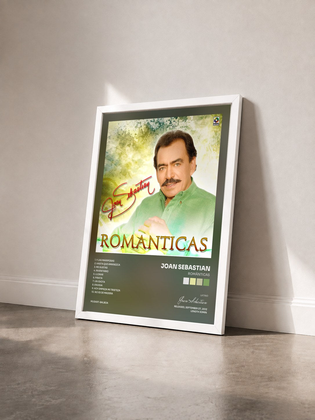 #blanc Tableau de l'album Románticas de Joan Sebastian vu de trois quarts, cadre blanc